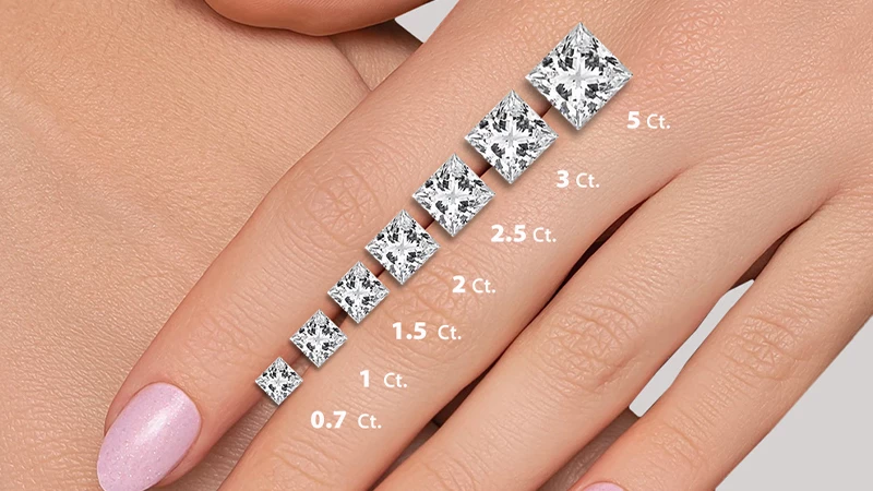 a line up of different carats of princess cut diamonds