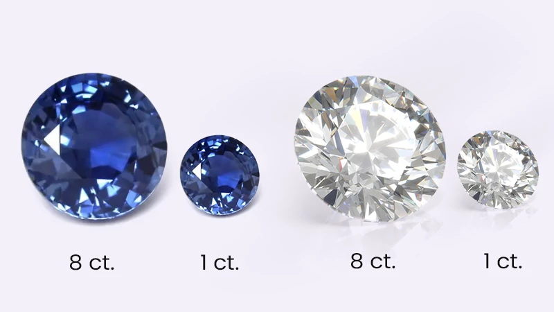 an image of 8 carat and 1 carat round diamond and 8 carat and 1 carat round sapphire